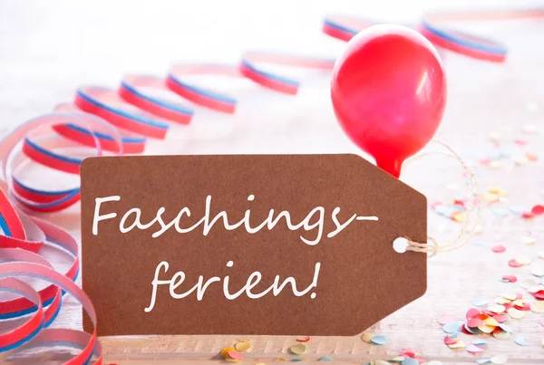 Party Label With Streamer, Balloon, Faschingsferien Means Carnival Holidays — ストック写真