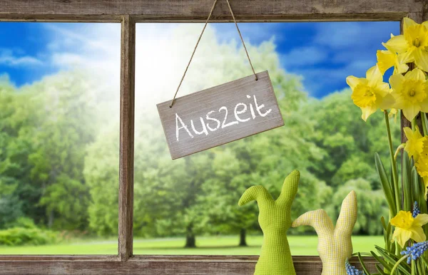 Wooden Window, Easter Bunny, Auszeit Means Downtime — Stock Photo, Image