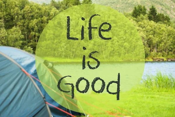 Lake Camping, Text Life Is Good, Noruega Paisagem — Fotografia de Stock