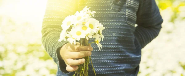 Bambino piccolo è holding un mazzo di margherita fiore — Foto Stock