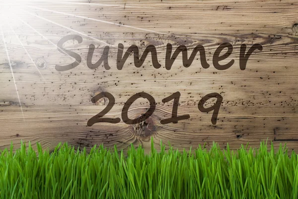 Sunny Wooden Background, Grass, English Text Summer 2019 — Stock Photo, Image