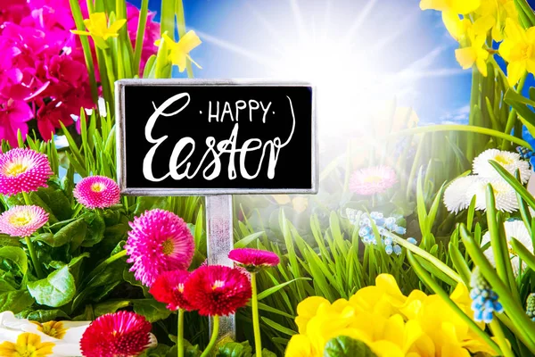 Zonnige lente bloemen weide, kalligrafie vrolijk Pasen — Stockfoto