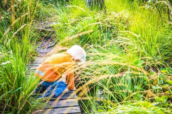 Мальчик-блондин играет на маленьком ручье в шведской природе — стоковое фото