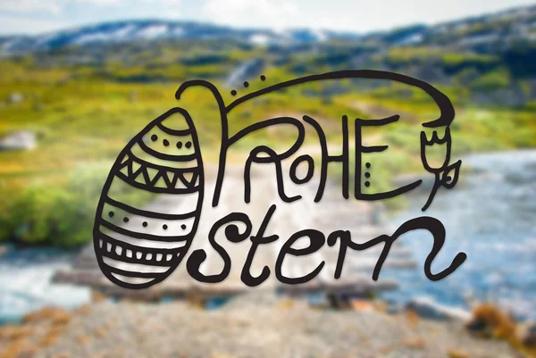 Puente en las montañas de Noruega, Caligrafía Frohe Ostern significa feliz Pascua — Foto de Stock