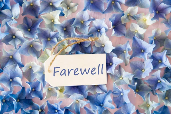 Hortenzia lapos feküdt, szöveg búcsú, virágot háttér — Stock Fotó