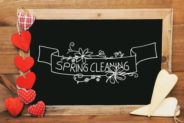 Chalkbord, Red And Yellow Hearts, Calligraphy Spring Cleaning — Stock Photo, Image