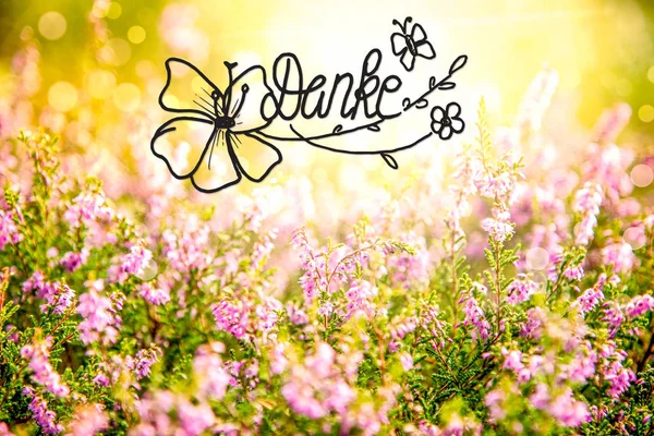 Erica kwiat pole, Danke kaligrafia oznacza dziękuję — Zdjęcie stockowe