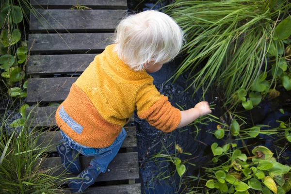 Biondo ragazzo giocare a piccolo ruscello in svedese natura — Foto Stock