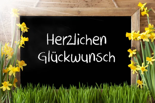 Sonniger Narziss, Kreidetafel, herzlicher Klebewunsch bedeutet Glückwunsch — Stockfoto