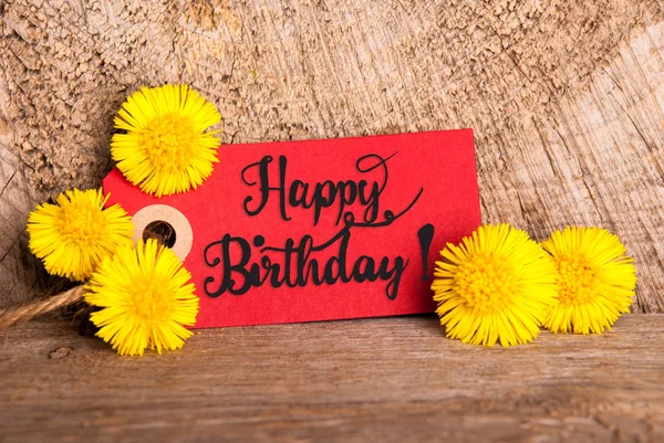 Etiqueta vermelha, dente de leão, caligrafia inglesa Feliz aniversário — Fotografia de Stock