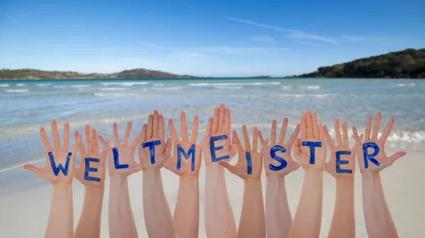 Many Hands Building Weltmeister Means World Champion, Beach And Ocean — Stock Photo, Image
