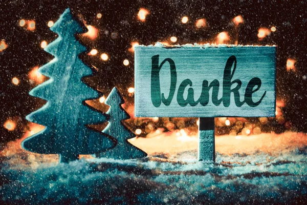 Skylt, träd, snöflingor, kalligrafi Danke betyder betyder Tack — Stockfoto