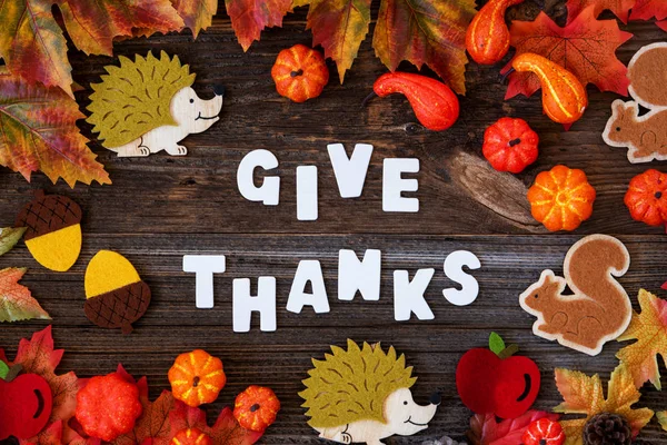 Farbenfrohe Herbstdekoration, Text zum Dank, Holzhintergrund — Stockfoto