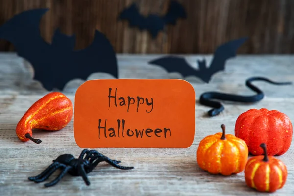 Rótulo de laranja, texto Feliz Halloween, Decoração assustadora de Halloween — Fotografia de Stock