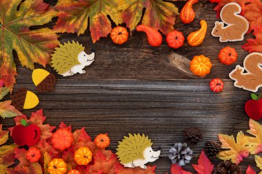 Renkli Sonbahar Dekorasyon, Copy Space, Ahşap Arka Plan
