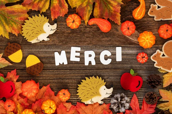 Decorazione colorata autunno, Testo Merci significa grazie — Foto Stock