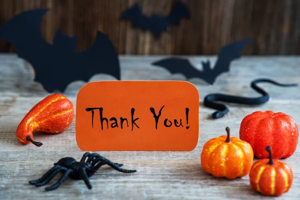 Pomarańczowa etykieta, tekst dziękuję, straszny Halloween dekoracji — Zdjęcie stockowe