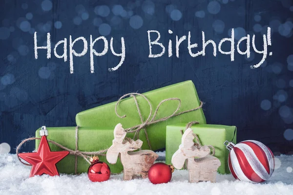 Gröna julklappar, Snö, Dekoration, Text Grattis på födelsedagen — Stockfoto