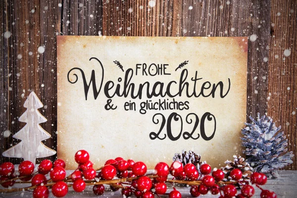 Decorazione natalizia, Carta con testo Glueckliches 2020 significa felice 2020, Neve — Foto Stock