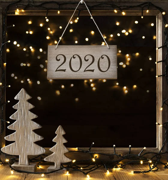 Finestra, Luci delle fate nella notte, Testo 2020, Albero di Natale — Foto Stock