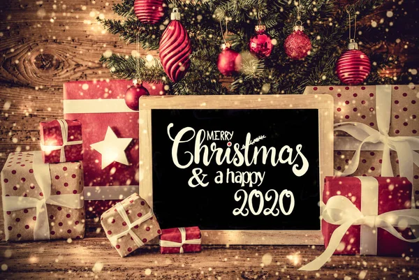 Albero di Natale, Regalo, Testo Buon Natale e Felice 2020, Fiocchi di neve — Foto Stock