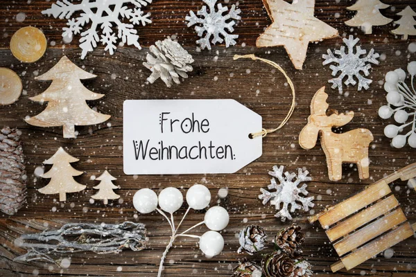 Etiqueta, Marco, Decoración, Frohe Weihnachten Medios Feliz Navidad, Copos de nieve —  Fotos de Stock