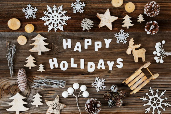 Wooden Christmas Decoration, Happy Holidays, Tree And Sled — Zdjęcie stockowe