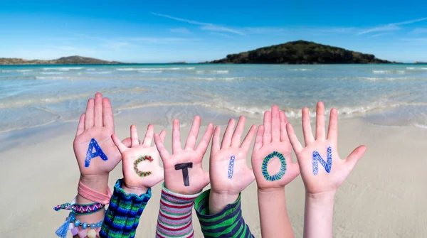 Children Hands Building Word Action, Ocean Background — Stock fotografie