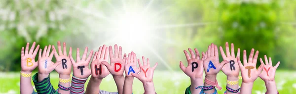 Children Hands Building Word Birthday Party, Grass Meadow — Stock Photo, Image