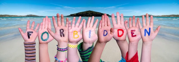 Children Hands Building Word Forbidden, Ocean Background — Stock Photo, Image