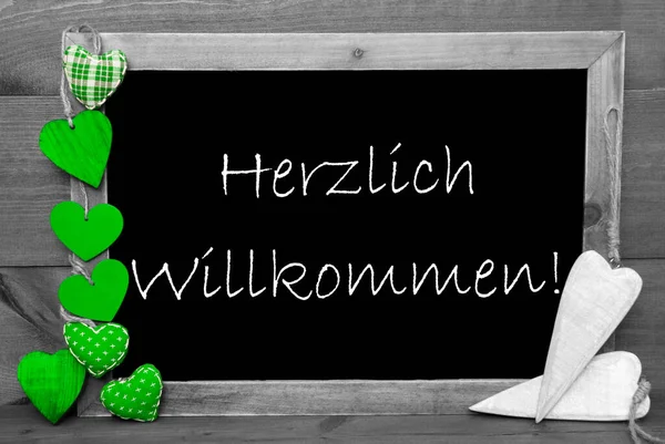 Balckboard With Green Heart Decoration, Text Herzlich Willkommen Means Welcome — Stock Photo, Image