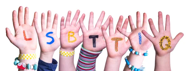 Les mains des enfants Construire le mot LSBTTIQ signifie LSBTQ, fond isolé — Photo