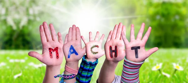 Children Hands Building Word Macht Means Power, Grass Meadow — Stock Photo, Image