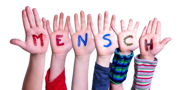 Children Hands Building Word Mensch oznacza człowieka, izolowane tło — Zdjęcie stockowe