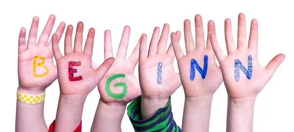 Kinderen Handen bouwen Woord Beginn Mean Begin, Geïsoleerde Achtergrond — Stockfoto