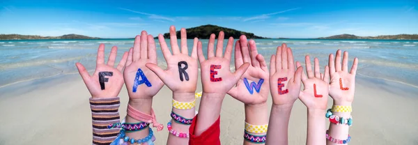 Children Hands Building Word Farewell, Ocean Background — Stock Photo, Image