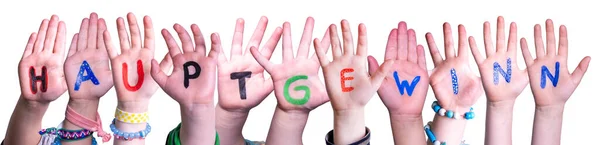 Crianças mãos construindo palavra Hauptgewinn significa prêmio Frist, fundo isolado — Fotografia de Stock