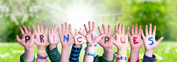 Children Hands Building Word Principles, Grass Meadow — Stock fotografie