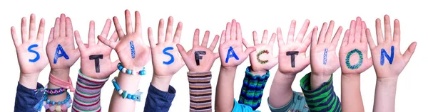 Crianças Mãos Construindo Satisfação de Palavras, Fundo Isolado — Fotografia de Stock