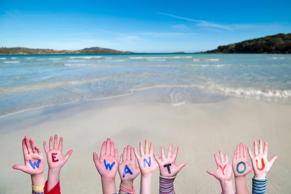 Children Hands Building Word We Want You, Ocean Background — Stock Photo, Image
