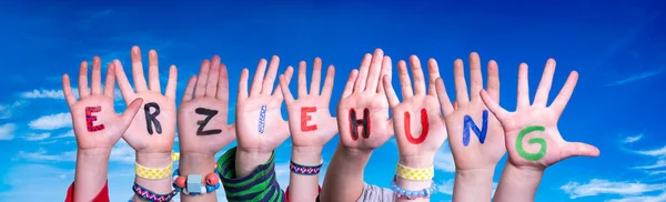 Children Hands Building Word Erziehung Means Education, Blue Sky — Stock Photo, Image