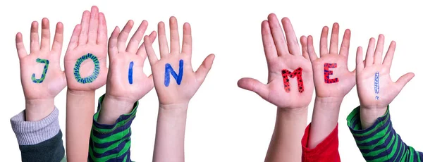 Kinder Hände Word Building Join Me, isolierter Hintergrund — Stockfoto