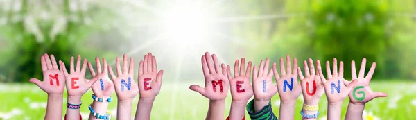 Детские руки строят Слово Майнунг означает мое мнение, травяной луг — стоковое фото