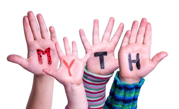 Παιδιά χέρια κρατώντας το μύθο λέξη, απομονώνονται φόντο — Φωτογραφία Αρχείου