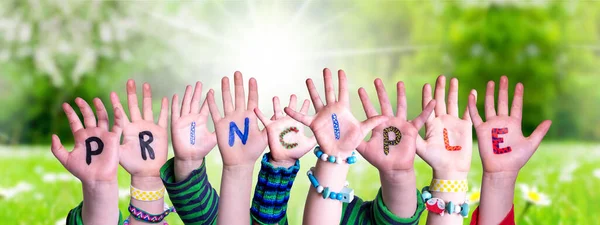 Barn händer Bygga Word Princip, Gräs äng — Stockfoto