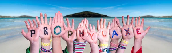 Children Hands Building Word Prophylaxe Means Prophylaxis, Ocean Background — Stock Photo, Image