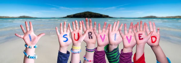 Children Hands Building Word I Survived, Ocean Background — Stock fotografie