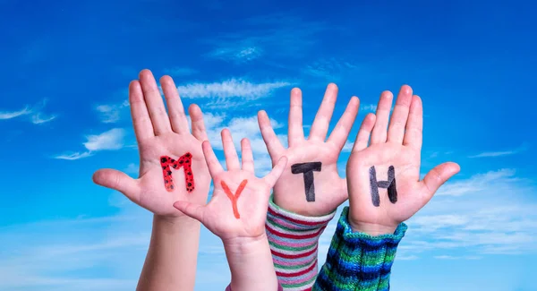 Kids Hands Holding Word Myth, Blue Sky — Stock Photo, Image