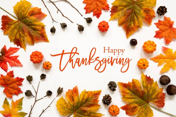Decoração colorida brilhante da folha do outono, Ação de Graças feliz do texto inglês — Fotografia de Stock