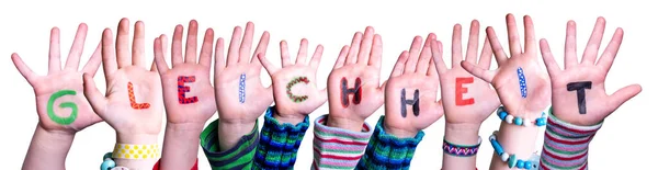 Children Hands Building Word Gleichheit Means Equality, Isolated Background — Stock Photo, Image